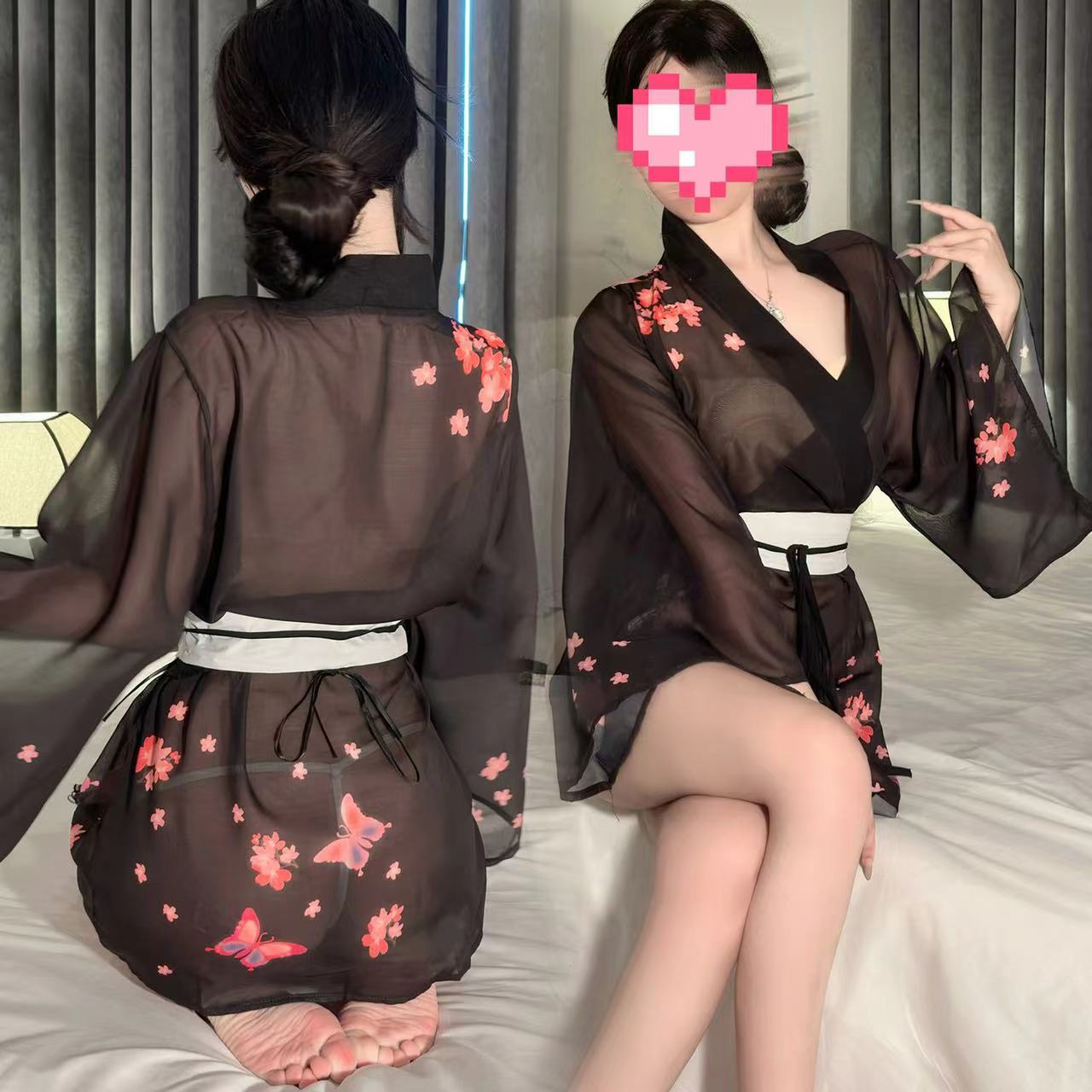 Japanese-Style Cherry Blossom Kimono Lingerie Set with Deep-V Top and Matching Open-Toe Stockings - Image 2