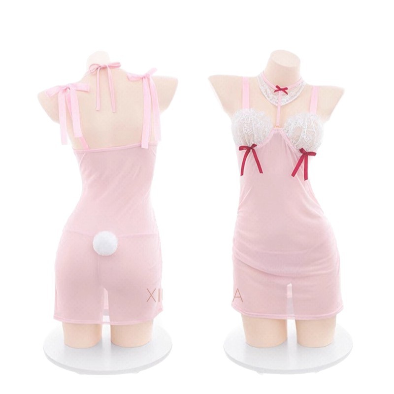Bunny Girl Maid Lingerie Set with See-Through Mesh and Lace Trim, Pink with White Stockings - Image 5