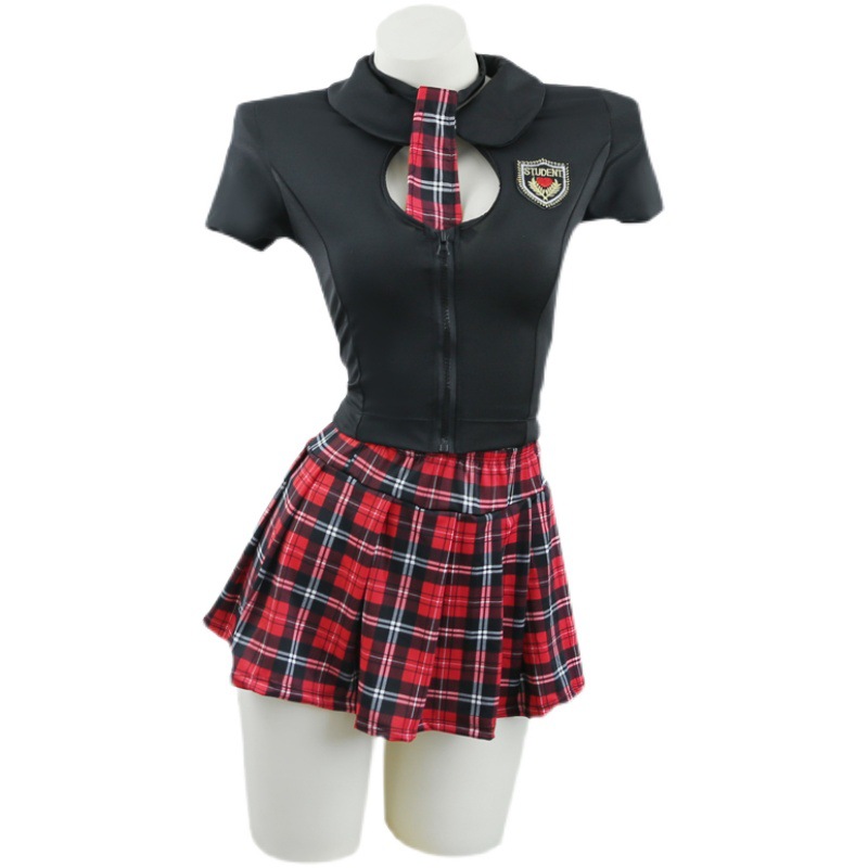 British College Style Student Uniform Costume Set with Plaid Skirt, Tie and Stockings - Image 5