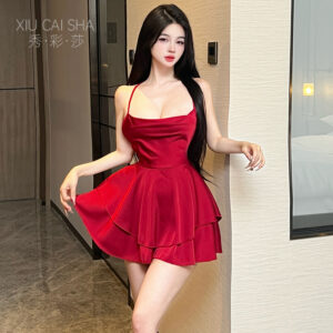 Sweet Camisole Nightdress Set with Backless Lace-Up Detail and Stockings