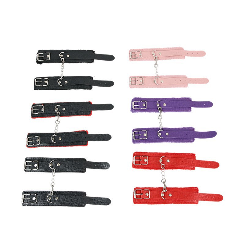 Plush Bondage Handcuffs with Metal Chain, Faux Leather Cuffs for Couples - Image 4