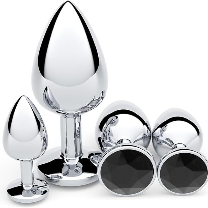 Metal Anal Plug Set with Diamond Detail, 3 Sizes with Velvet Pouch - Image 4