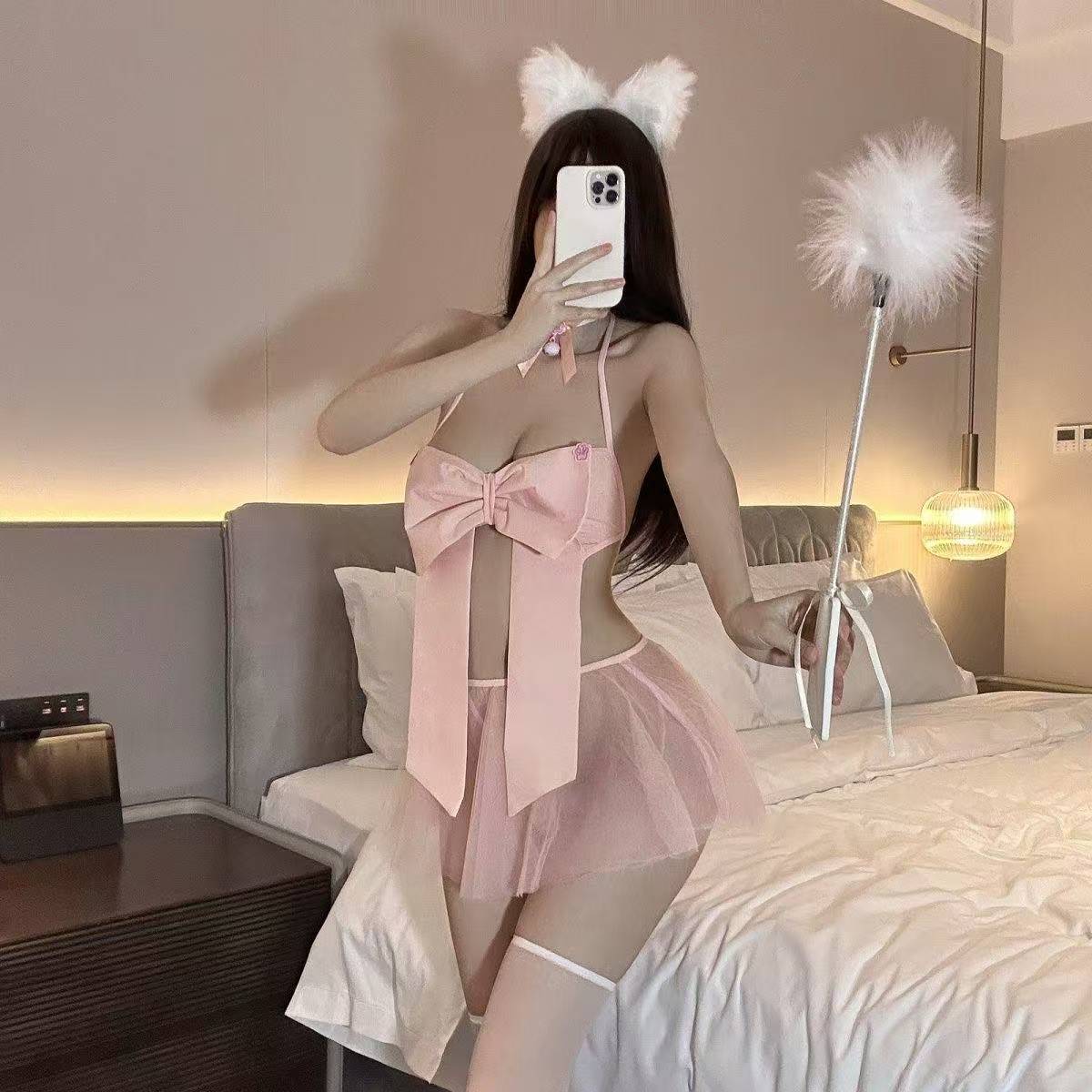 Pink Bow Three-Piece Lingerie Set with Mesh Overlay, Collar Bell and White Tights - Image 3