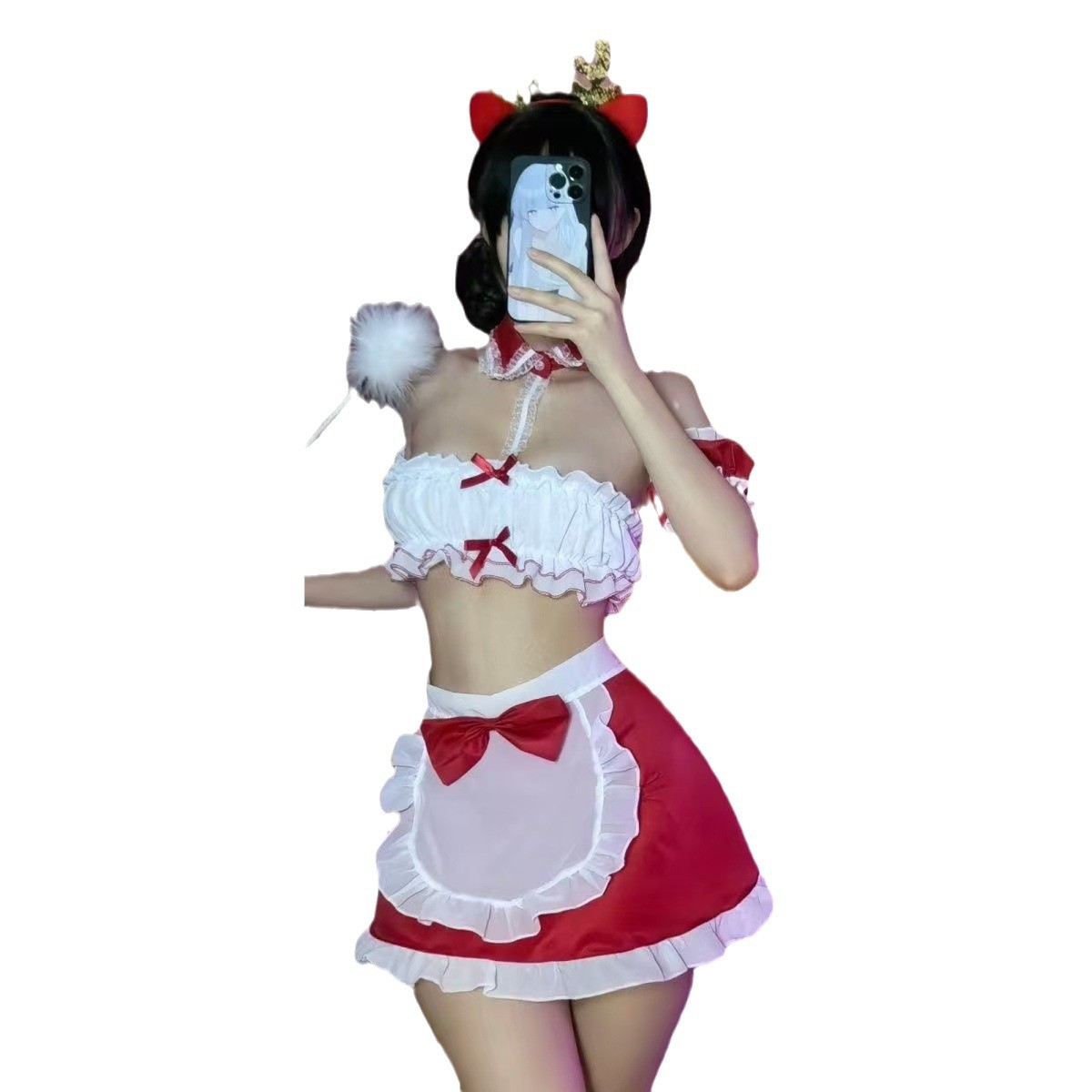 Little Maid Roleplay Lingerie Set with White Bodystocking, Red Costume - Image 5