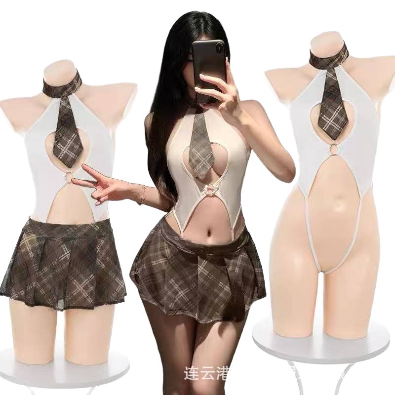 Retro JK Uniform Jumpsuit Lingerie Set with Open-Crotch Design and Mini Skirt - Image 5