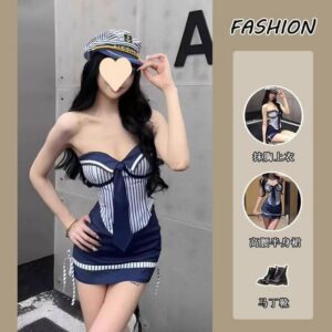 Navy Striped Tube Top and Hip-Covering Skirt Set, Plus Size Roleplay Costume