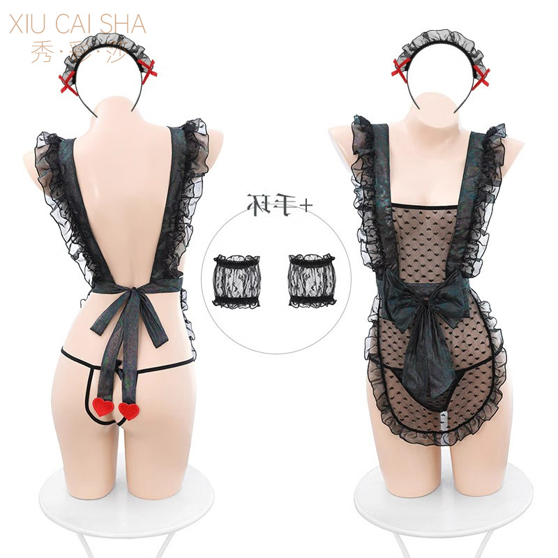 Maid Roleplay Lingerie Set with Apron, Thong, Headpiece, Bracelet and White Stockings - Image 5
