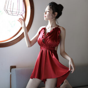 Deep V-Neck Sling Nightgown Ice Silk Babydoll in Pink, One Size