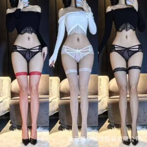 Black Silk Temptation Lace Fishnet Over-the-Knee Stockings Ultra-thin Tear-away Lingerie Set