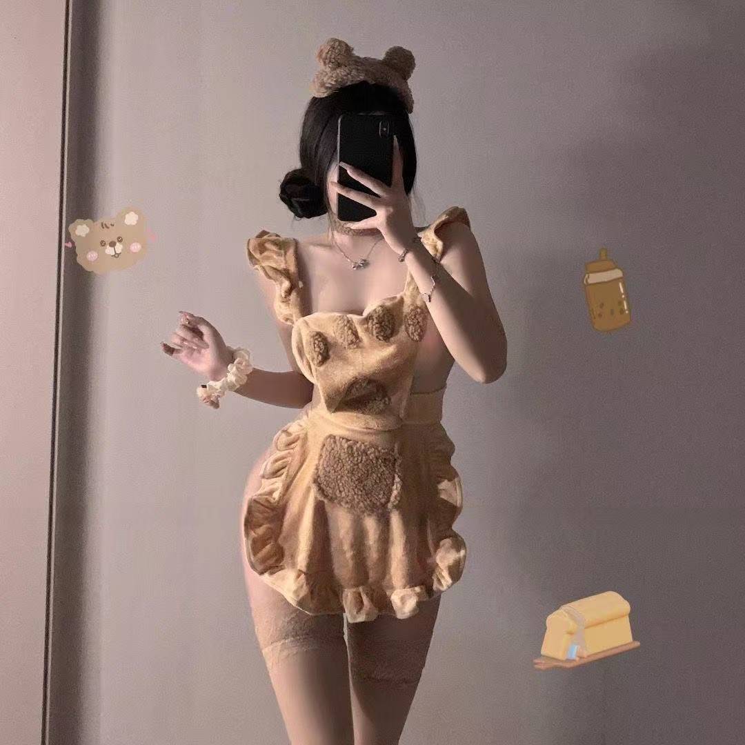 Plush Bear Maid Costume Set with Lace Hollow Bodysuit, Choker and Ears - Image 3