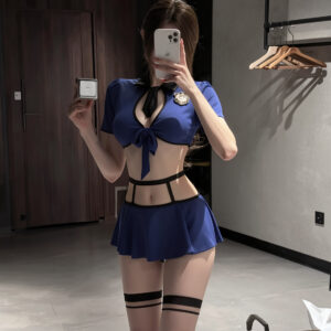 Navy Blue College-Style Two-Piece Costume Set with Tie Top and Pleated Mini Skirt