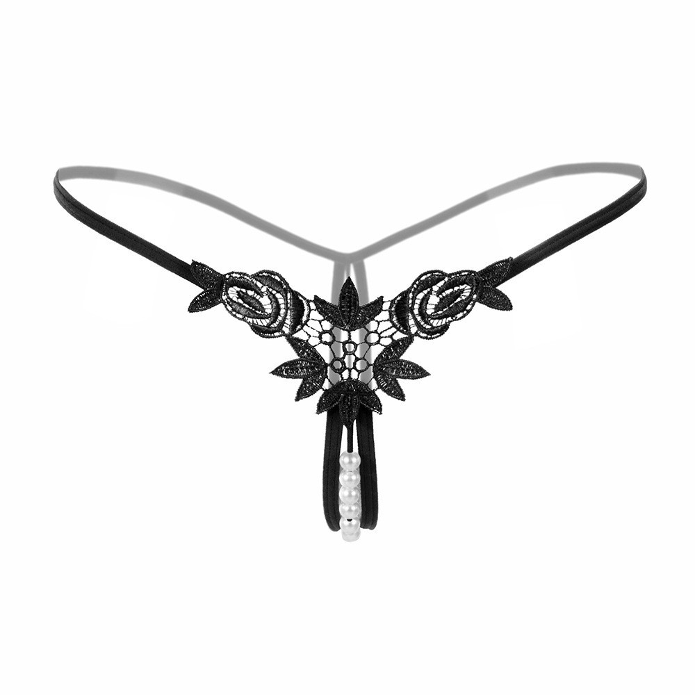 Women's Hollow Embroidered Thong with Pearl Detail and Open Crotch, Blue, One Size - Image 5
