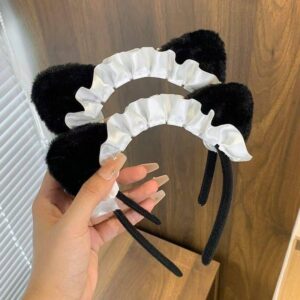 Cute Lolita Cat Ear Headband for Women, Plush Cat Girl Cosplay Hairband, White Maid Animal Ear Headwear