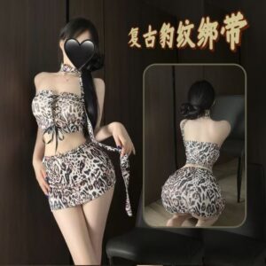 Retro Leopard Print Strappy Crop Top and Skirt Two-Piece Set with Choker and Black Bodystocking