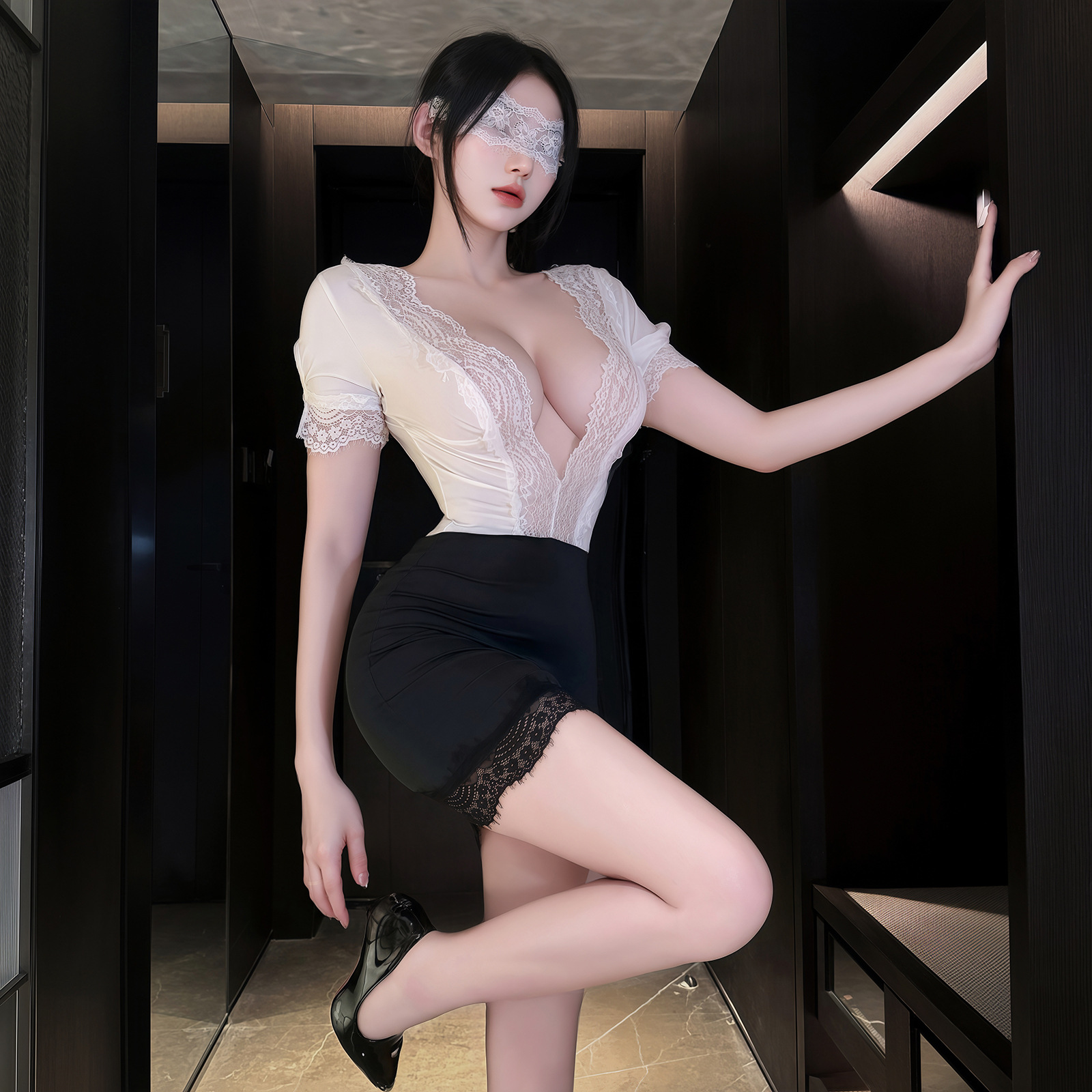 Secretary Role-Play Lace Bodycon Dress, White Uniform Lingerie, One Size - Image 3