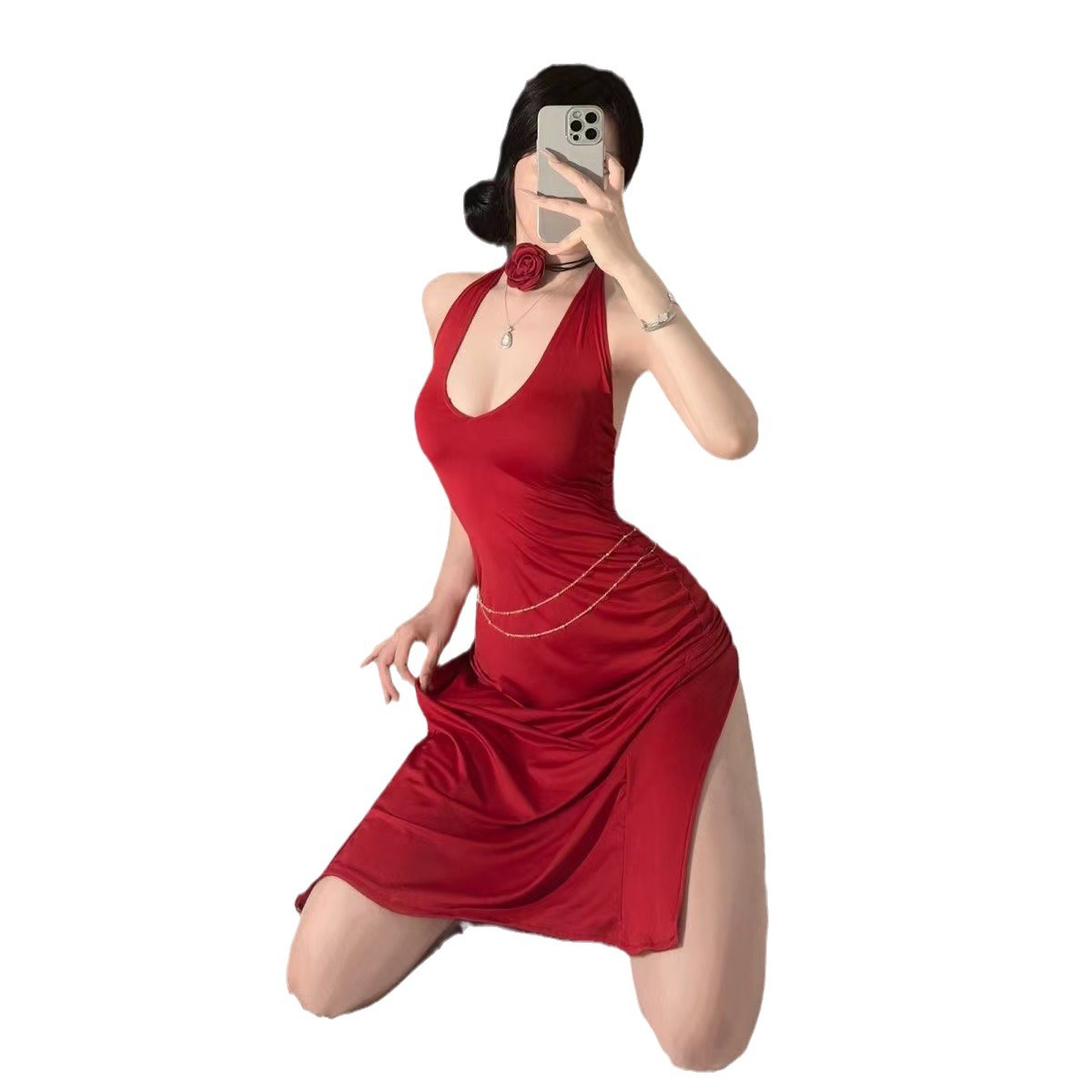 Bridal Cheongsam-Inspired Lingerie Dress with Deep-V Halter Neck and Red Waist Chain - Image 5