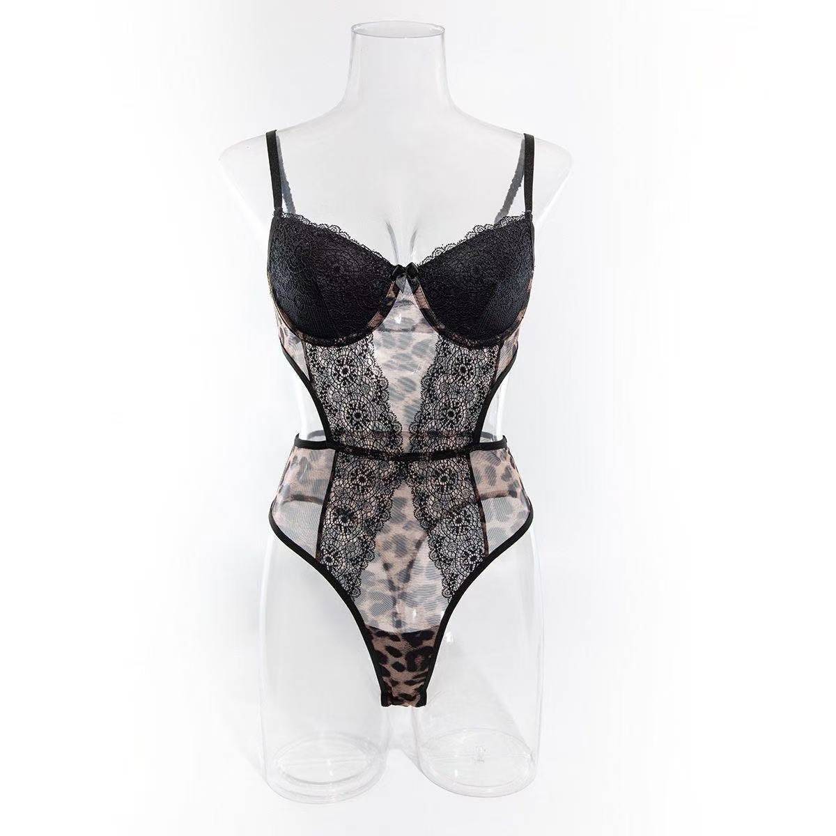 Leopard Print Lace Underwire Push-Up Bodysuit, One-Size Polyester Lingerie - Image 5