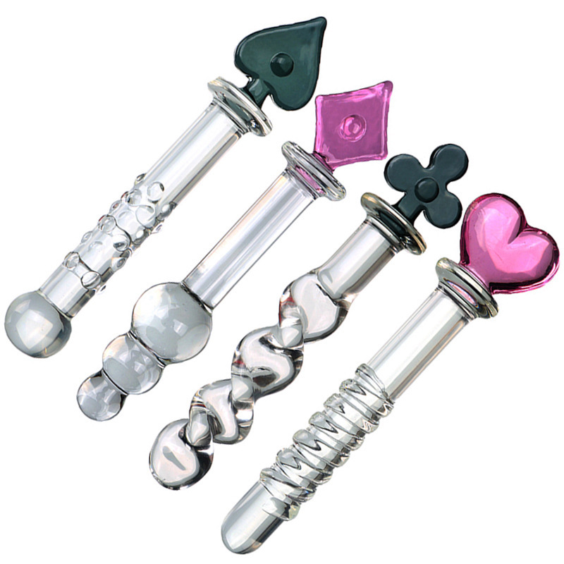 Glass Anal Plug with Poker Card Crystal Design, Bumps and Threads Texture, Transparent - Image 3