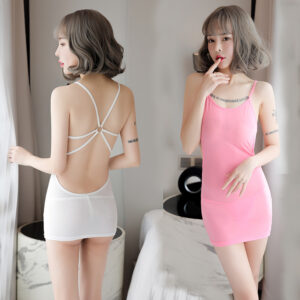 Backless Ice Silk Lingerie Set with Sheer Top and Hip Skirt, Grey One Size