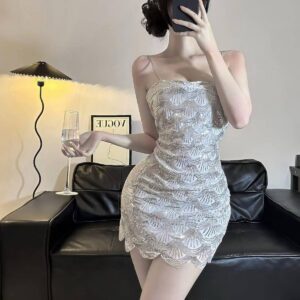 French-Style Sequin Strapless Bodycon Dress Set, Backless Slim-Fit Silver Camisole Costume
