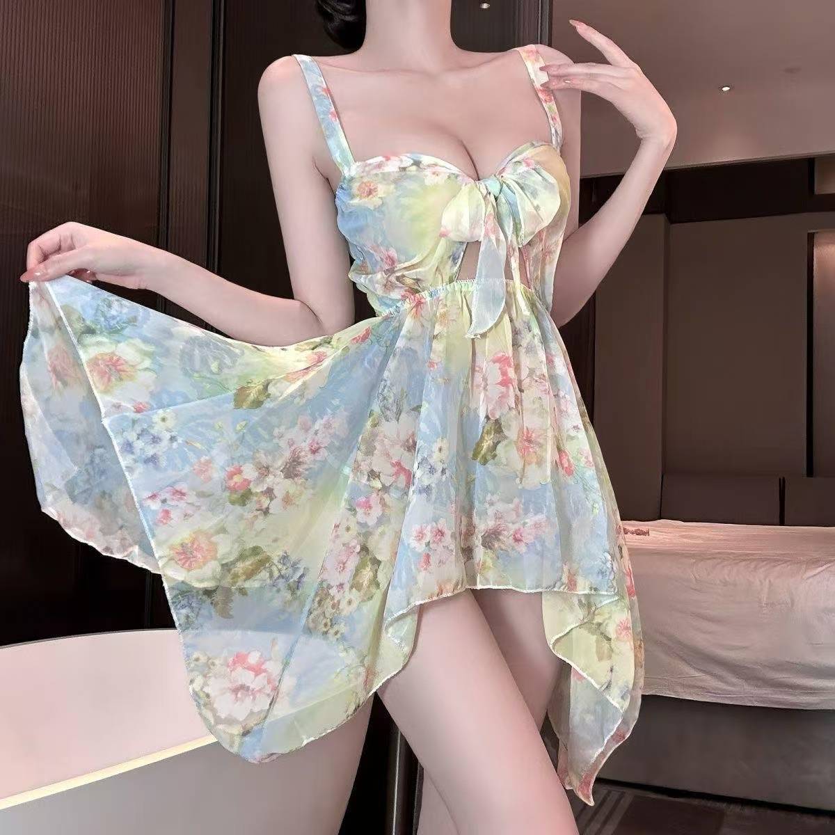 Floral Print Suspender Dress with Bow, French Beach Vacation Style, Summer Women's Long Dress - Image 3