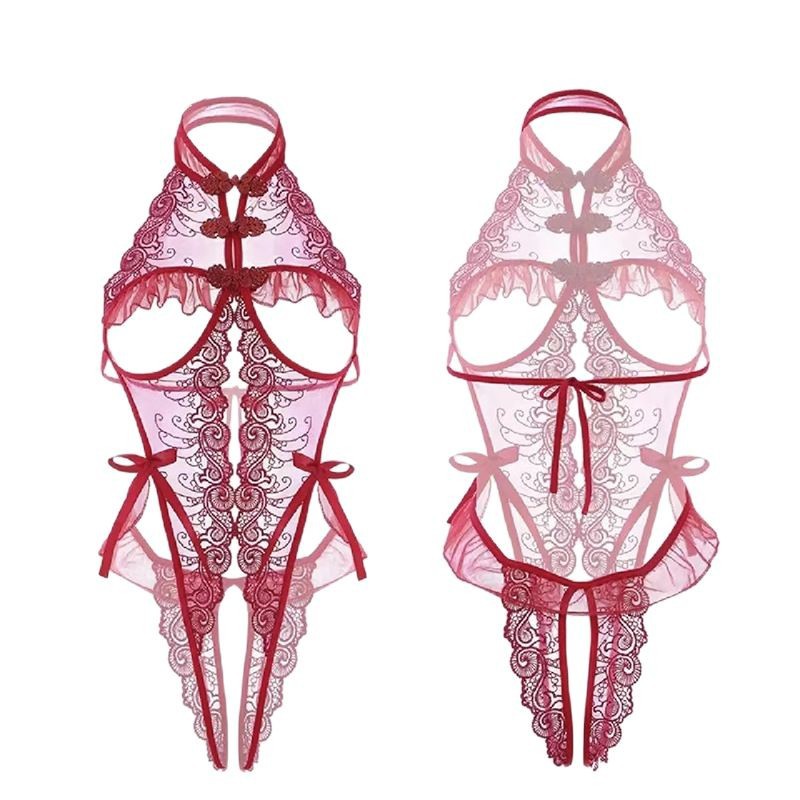 See-Through Lace Backless Babydoll Nightgown, Embroidered One-Piece Lingerie, Black with Open-Crotch Stockings - Image 5