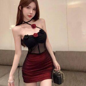 Rose Cheongsam Roleplay Lingerie Set with Halter Neck and Hip Skirt