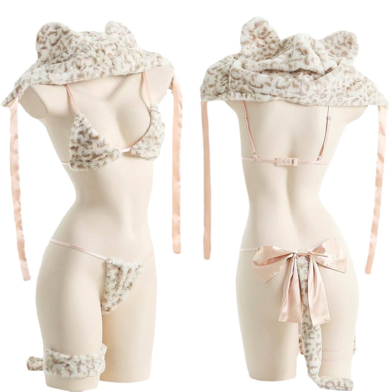 Bunny Girl Leopard Uniform Lingerie Set Cute Christmas Plush Three-Piece Costume - Image 5