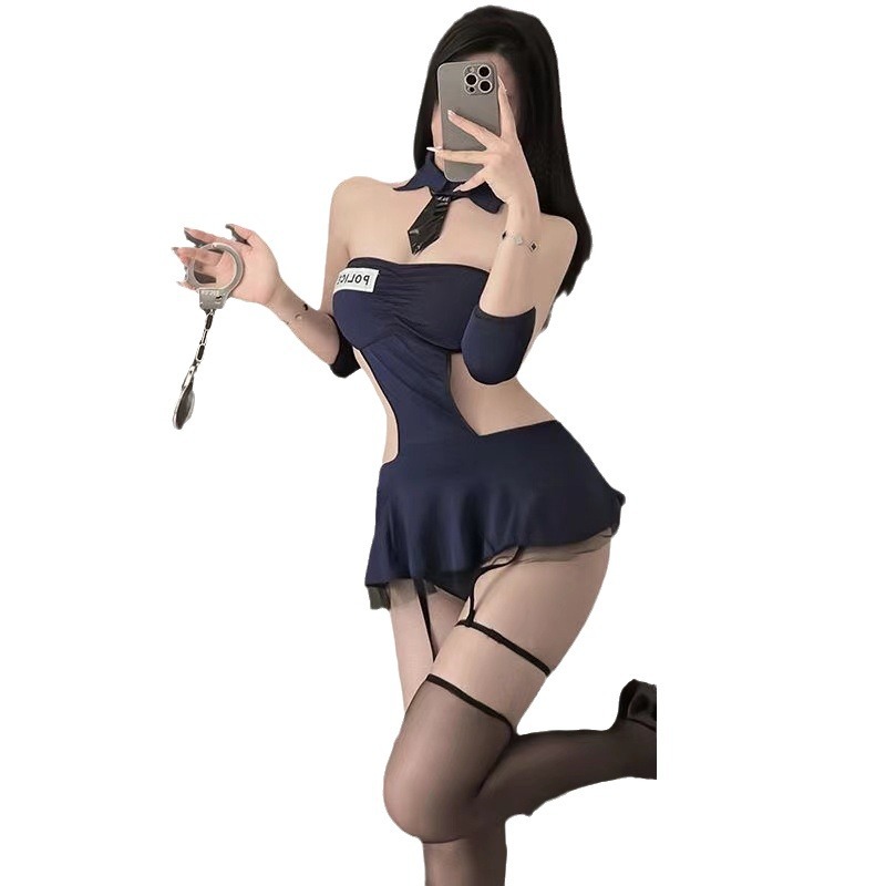 Police Officer Roleplay Lingerie Set with Stockings and Hat, One Size - Image 5
