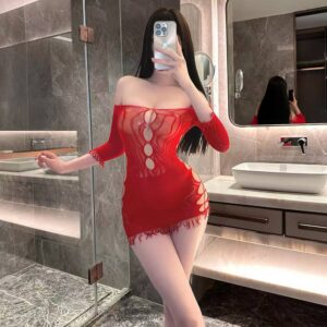 One-Shoulder See-Through Mesh Mini Dress, Long-Sleeve Open-Crotch Lingerie, White One Size