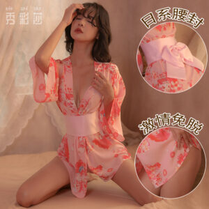 Kimono-Style Lingerie Robe Set with Belt and Thong, Polyester, One Size
