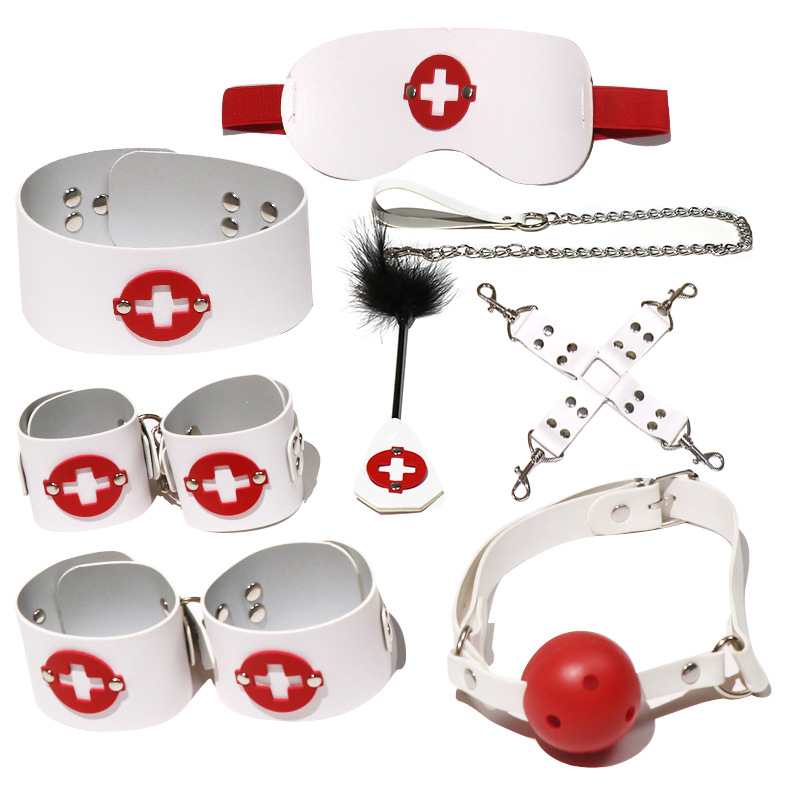 SM Bondage Restraint Set with Metal and Leather Hand and Foot Cuffs, Pink - Image 5