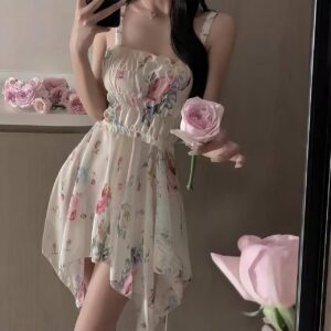 Floral Lace-Trim Slip Dress Pajama Set, Sheer Mesh Overlay, One Size