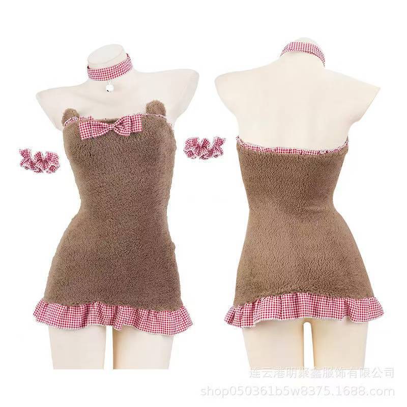 Plush Backless Maid Bear Nightdress with Bow and Hip Skirt, Sexy Polyester Pajama Costume - Image 5