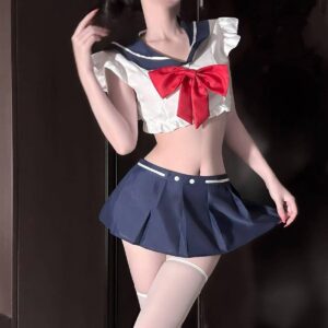 Sailor Schoolgirl Costume Set with Top, Miniskirt, Panties and Stockings