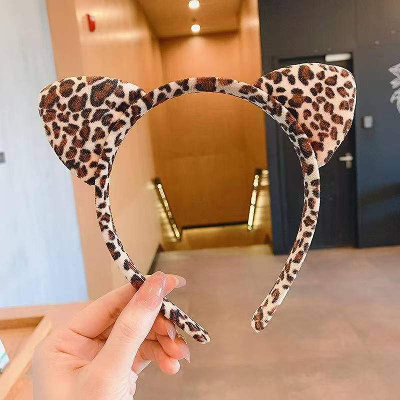 Leopard Print Cat Ear Headband with Collar, Gold Velvet Plush, One Size - Image 2