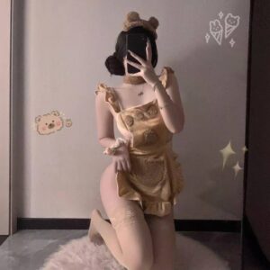 Plush Bear Maid Costume Set with Lace Hollow Bodysuit, Choker and Ears