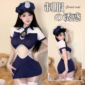 Sexy Policewoman Role-Play Costume Set with Navy Sailor Jumpsuit and White Garters