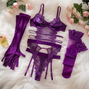 Purple Steel-ring Corset Lingerie Set with Stockings and Gloves, Polyester Uniform Style