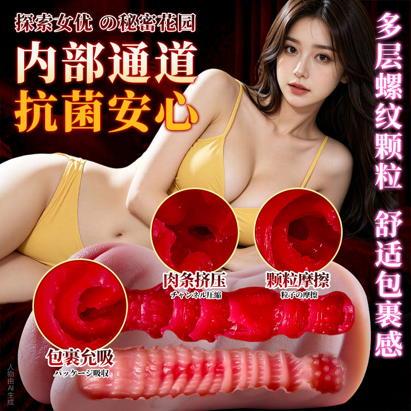 Manual Male Masturbator Cup with Realistic Buttocks Mold, TPE Double-Channel Red Heart Design - Image 2