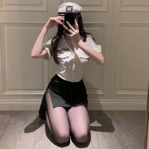 Sexy Police Officer Costume Two-Piece Set with Hat and Open-Crotch Stockings