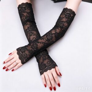 Women's Lace Sun Protection Arm Sleeves, Summer Ice Silk Driving Gloves, Beige, One Size