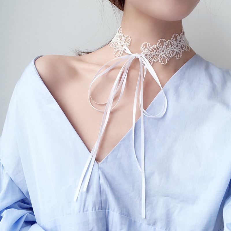 White Lace Choker Necklace, Asymmetric Clavicle Chain, Sweet Style - Image 2