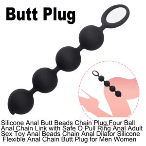 Silicone Anal Plug Set with Training Beads, Black Adult Toy