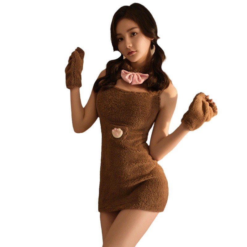 Hooded Bear Plush Hip Skirt Pajama Set with Gloves and Leg Warmers - Image 5