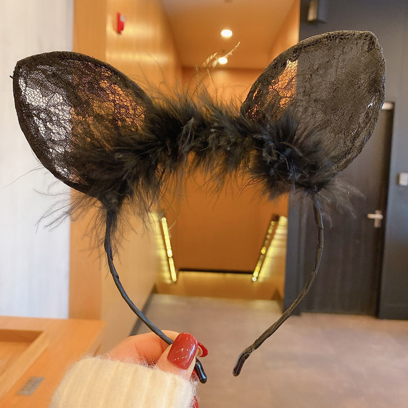 Bunny Ear Headband with Lace Eye Mask, Black Plush Costume Accessory Set - Image 2