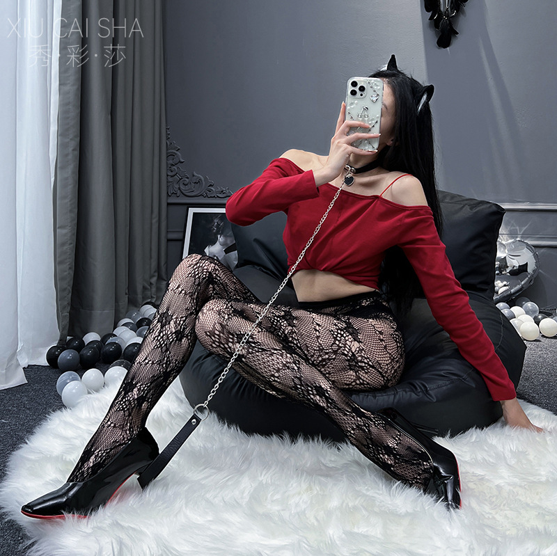 Plus-Size Open-Crotch Fishnet Stockings Set, Black Lace Lingerie, One Size - Image 2
