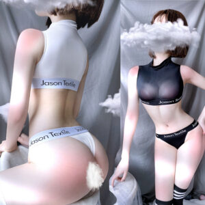 Three-Point Transparent Bikini Lingerie Set with Student Socks, Black Ice-Silk