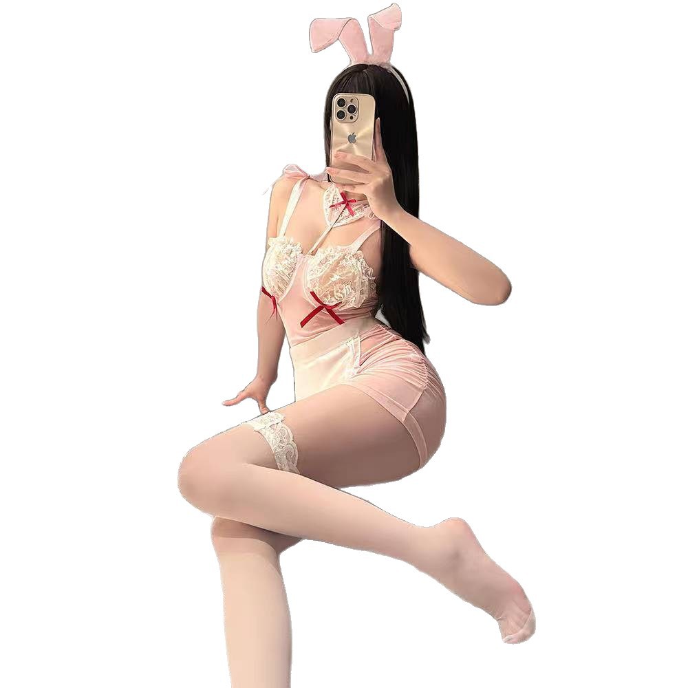 Maid & Bunny Girl Cosplay Lingerie Set with Headband, Apron, Tail and Thong - Image 5