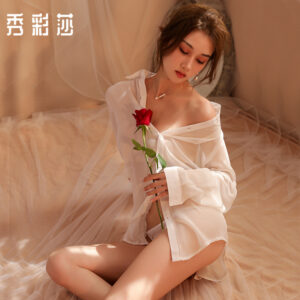 See-Through Chiffon Uniform Roleplay Shirt, Backless Boyfriend-Style Lingerie, Black One Size